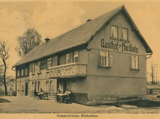 Historische Postkarte: Gasthof zur Nordbahn, Sommerfrische Mickenhan